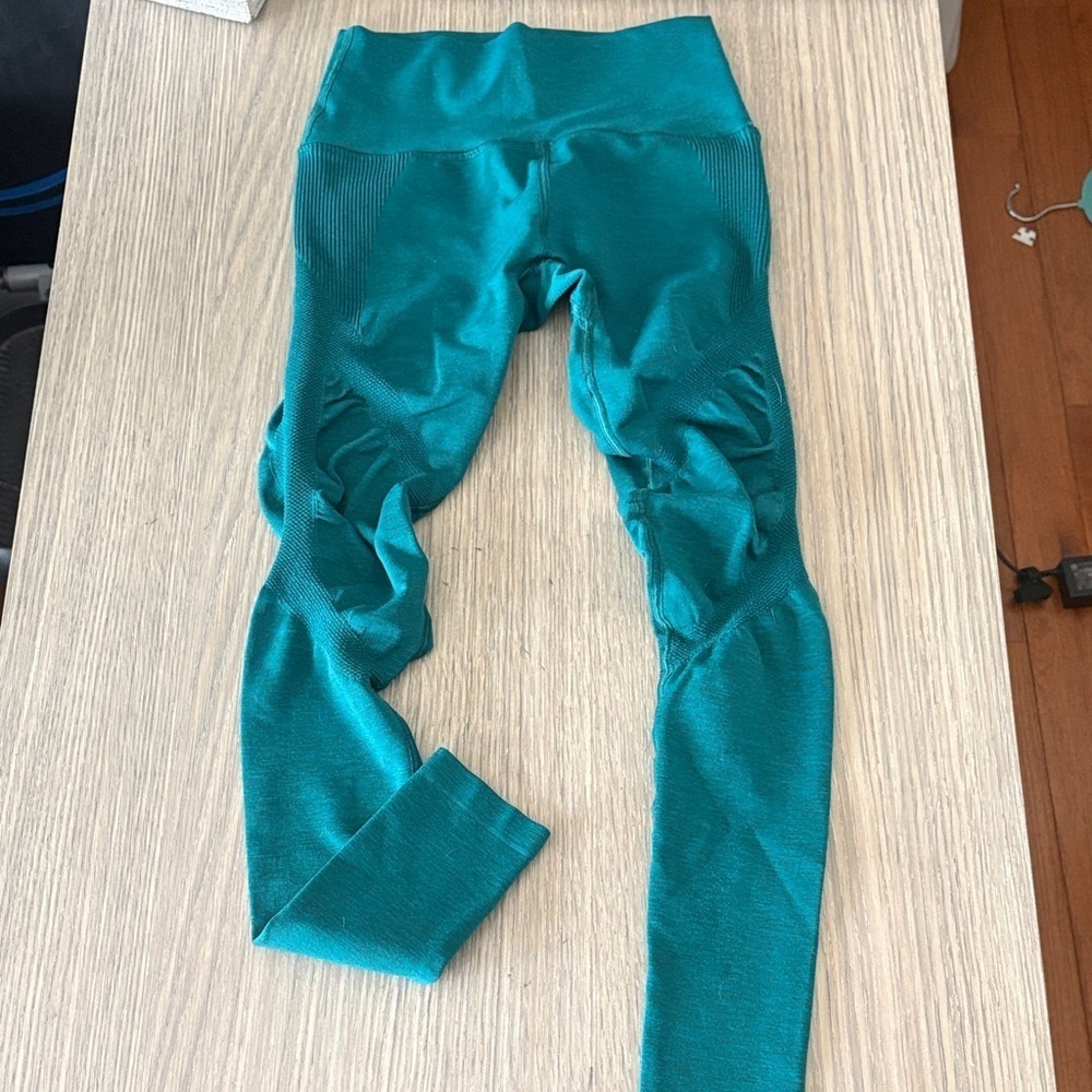 Alphalete High Rise Training Leggings Teal Blue Ribbed Side Panels Size Small